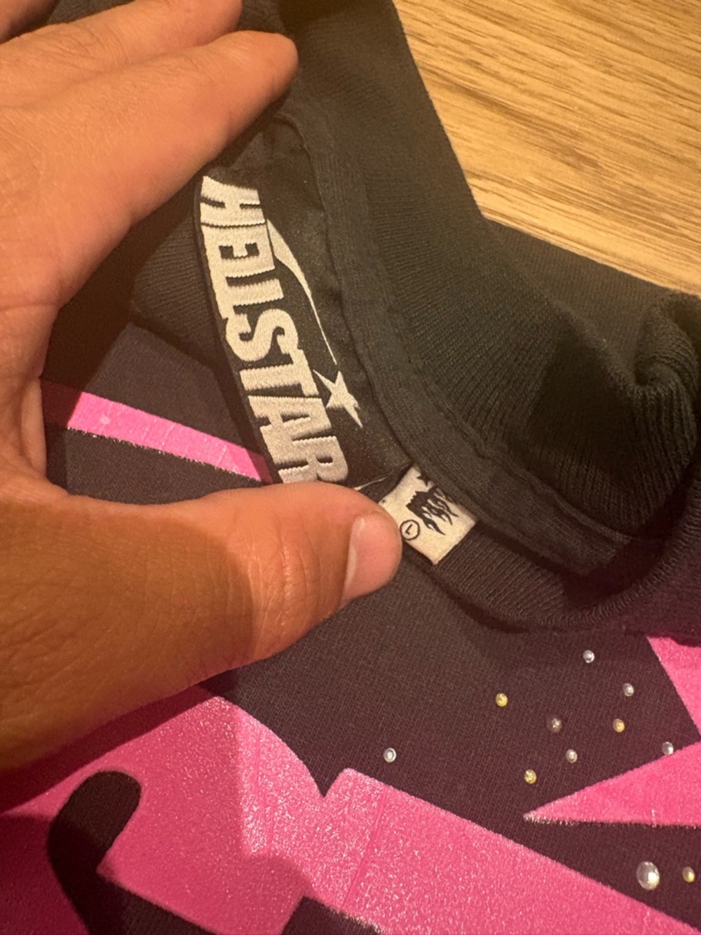 Black Hellstar Rhinestone Tee With Pink Lettering - Picture 5 of 5